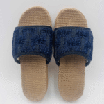 Denim Blue Embroidered Straw Slippers