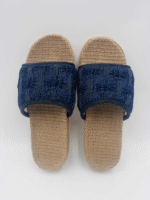 Denim Blue Embroidered Straw Slippers